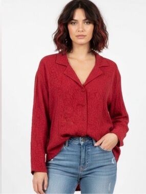 URU by Kristine Rrik Red Silk Embossed Jacquard Top - Size XL